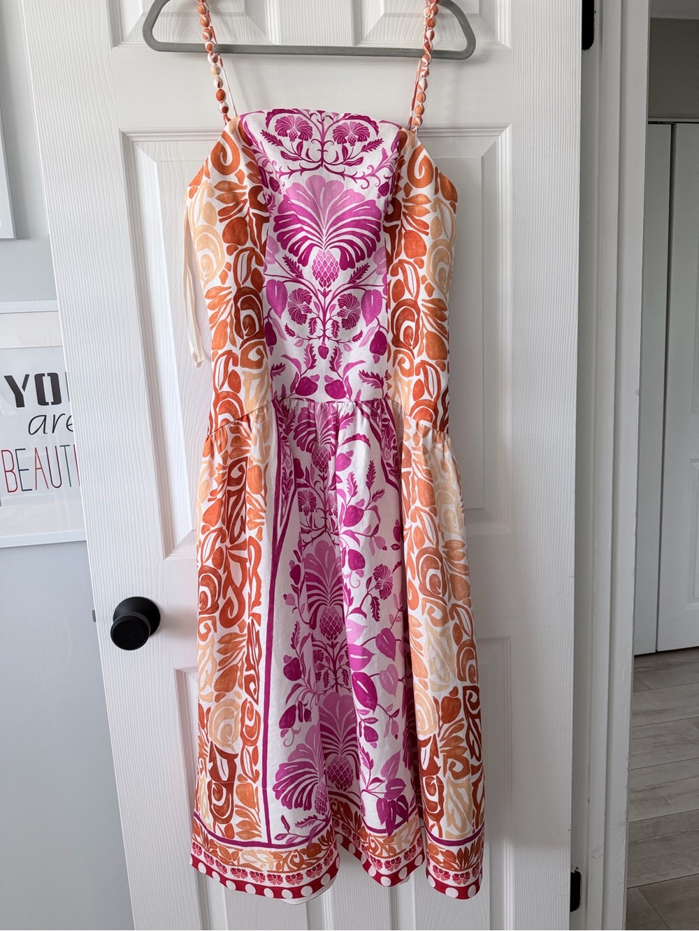 Farm Rio Floral Print Spaghetti Strap Midi Dress in Pink and Orange